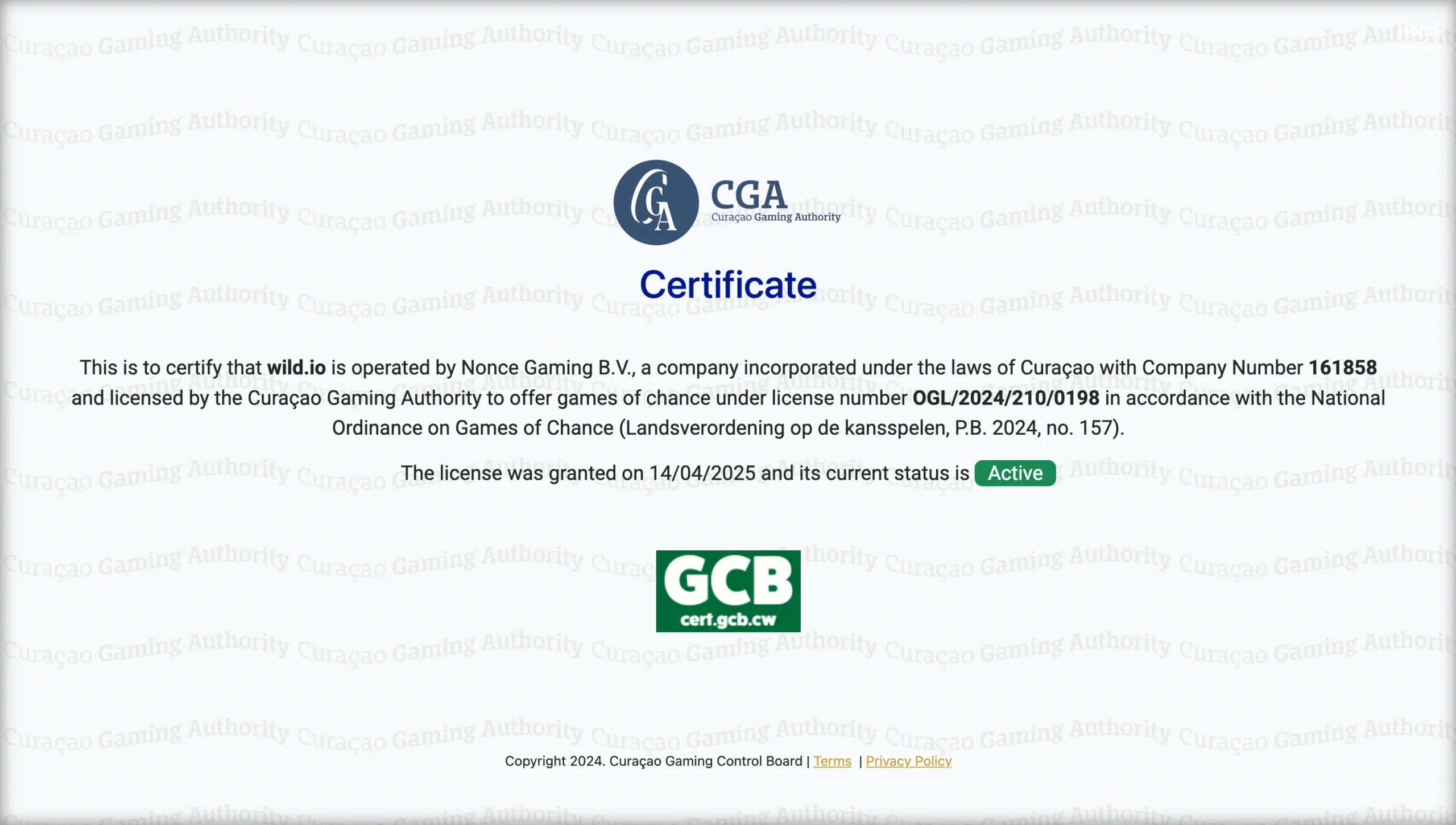 Wild.io active Curaçao license.
